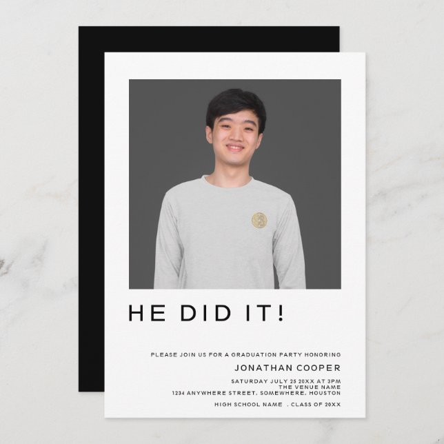 Minimal Photo He Did It Black White Graduation Invitation (Front/Back)