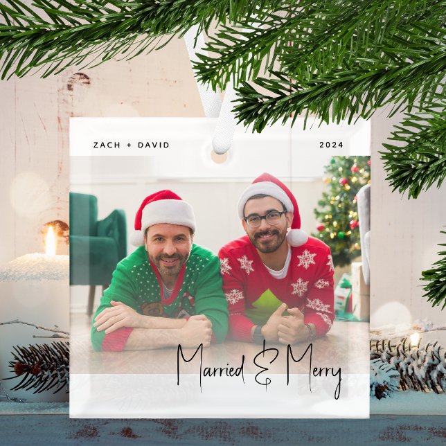 Minimal Photo Married and Merry LGBTQ Black Script Glass Tree Decoration (Creator Uploaded)