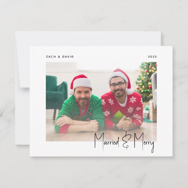Minimal Photo Married and Merry LGBTQ Black Script Holiday Card (Front)