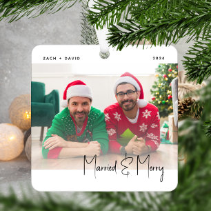 Minimal Photo Married and Merry LGBTQ Black Script Metal Tree Decoration