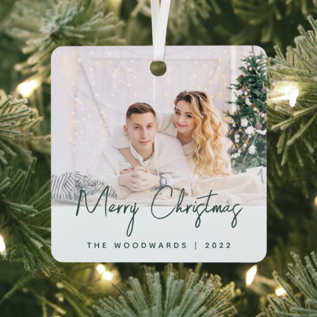 Minimal Photo Merry Christmas Green Script Metal Tree Decoration (Insitu)