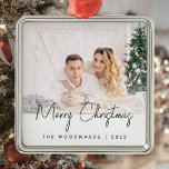 Minimal Photo Merry Christmas Grey Script Metal Ornament<br><div class="desc">Wish family and friends as special Merry Christmas with this modern minimalist photo keepsake ornament. The charcoal grey text reads "Merry Christmas" in trendy handwriting script. Easily replace the sample image with your favourite photo, and add your family name or first names and the year below. A white gradient screen...</div>