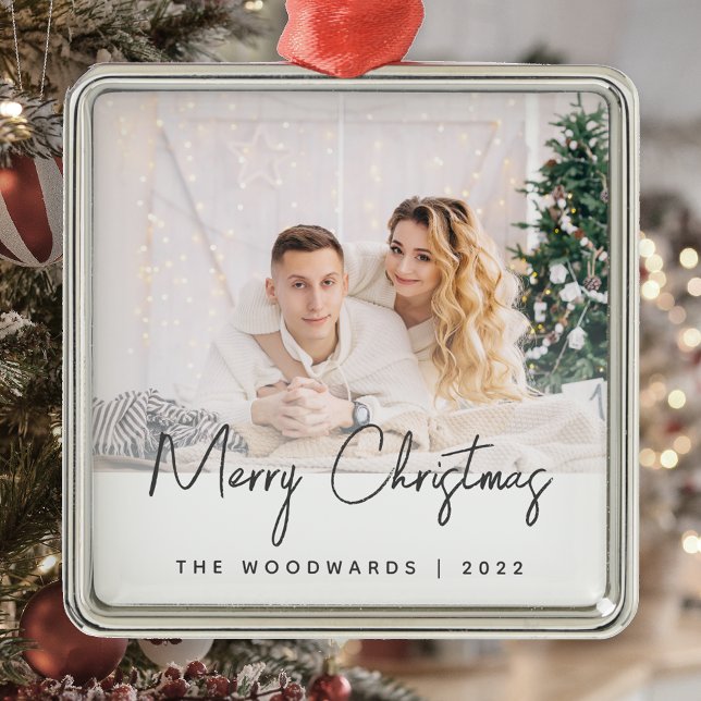 Minimal Photo Merry Christmas Grey Script Metal Ornament (Creator Uploaded)