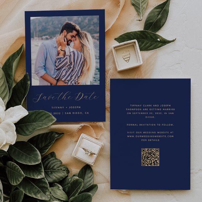 Minimal Photo Navy Blue Gold Script QR Code Save The Date (Creator Uploaded)