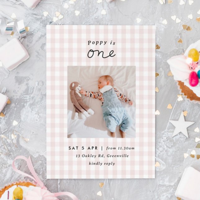 Minimal Photo Pink Gingham 1st Birthday Invite (Creator Uploaded)