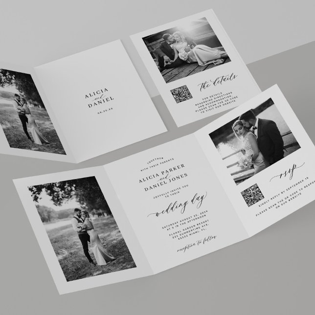 Minimal photo QR code RSVP details white wedding Tri-Fold Invitation (Creator Uploaded)