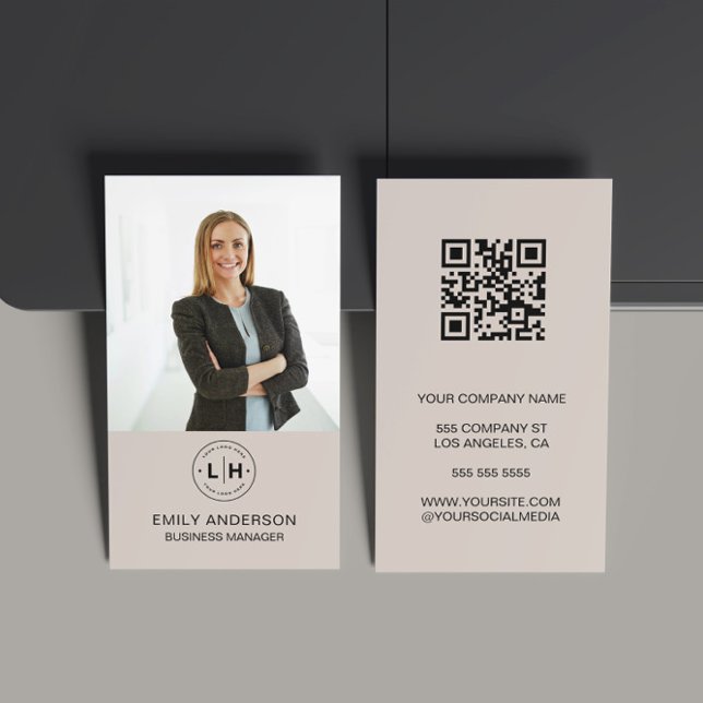 Minimal Photo QR Photo Professional Business Card (Modern Minimal Custom Photo Logo QR Beige Business Card)