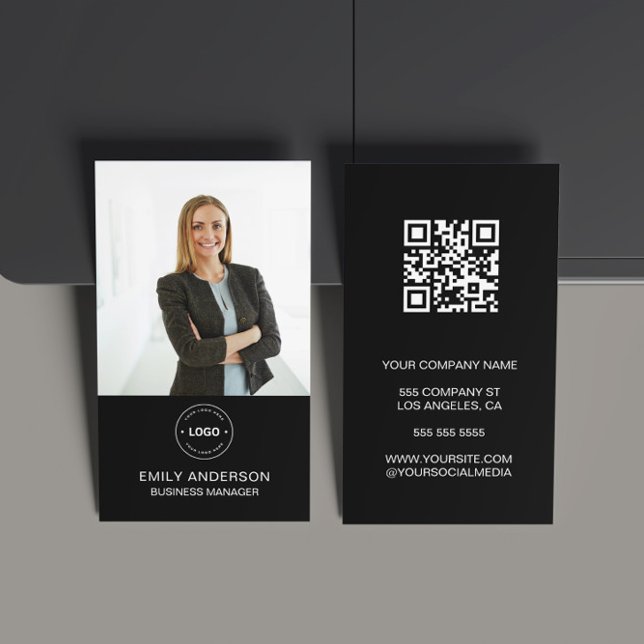 Minimal Photo QR Photo Professional Business Card (Modern Minimal Custom Photo Logo QR Black Business Card)