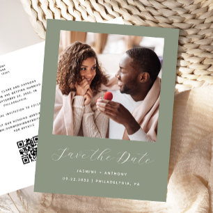 Minimal Photo Sage Green QR Code Save the Date Announcement Postcard