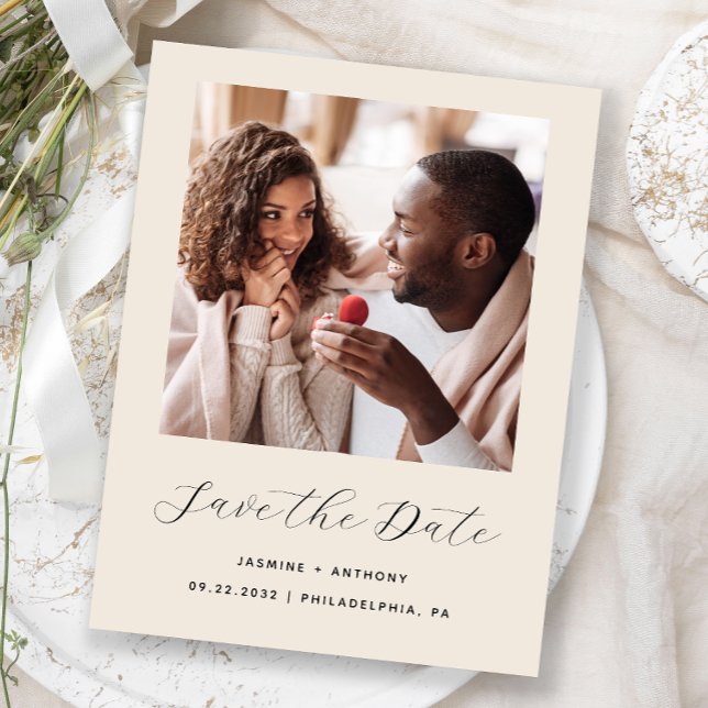 Minimal Photo Script Beige Save the Date Announcement Postcard (Creator Uploaded)