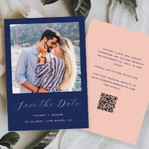 Minimal Photo Script Navy Blue Blush QR Code Save The Date