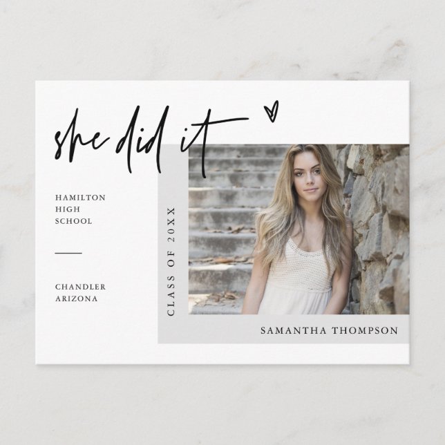 Minimal Photo She Did It Graduation Announcement Postcard (Front)