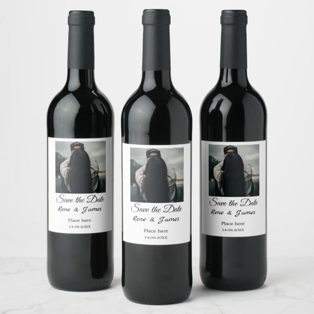 Minimal photo white black classic elegant save the wine label (Bottles)