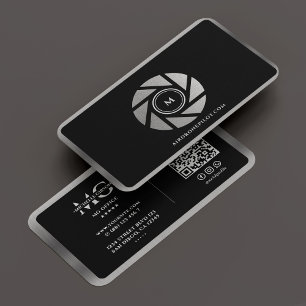 Minimal Photographer Elegant Black Silver Lens Business Card