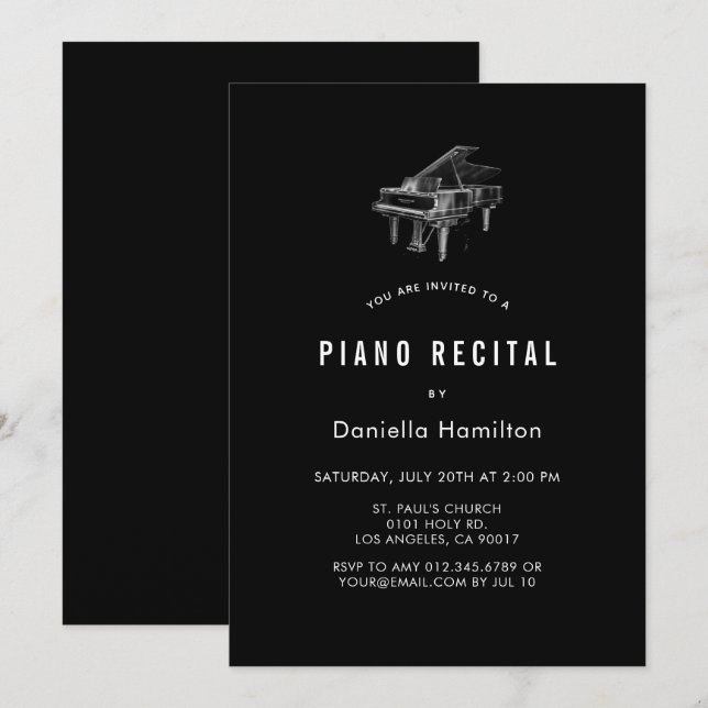 Minimal Piano Black Recital Invitation (Front/Back)