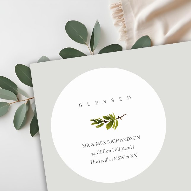 Minimal Pine Branch Christmas Address Blessed Classic Round Sticker (Creator Uploaded)