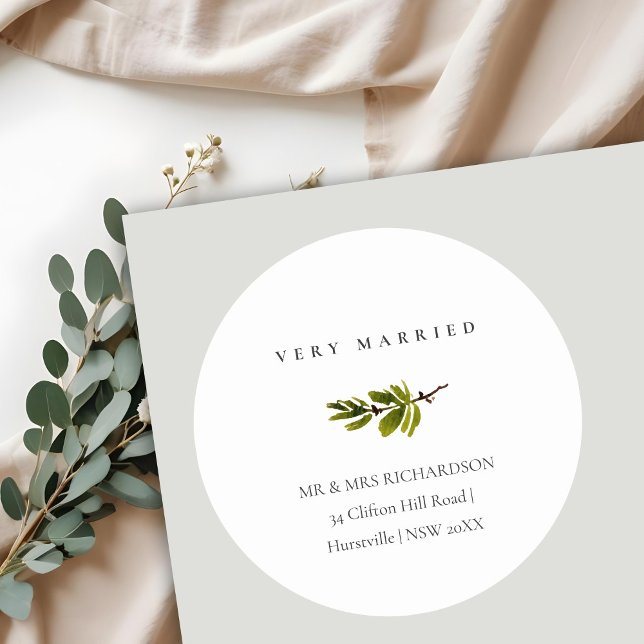Minimal Pine Branch Christmas Address Very Married Classic Round Sticker (Creator Uploaded)
