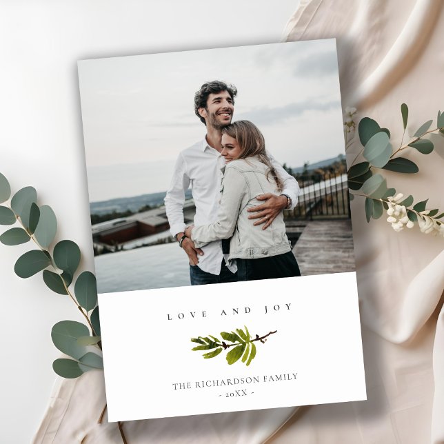 Minimal Pine Branch Christmas Joy & Love Photo Holiday Card (Creator Uploaded)