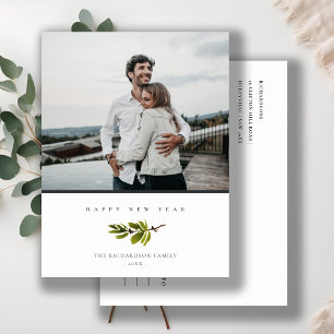 Minimal Pine Branch Christmas Photo Happy New Year Holiday Postcard