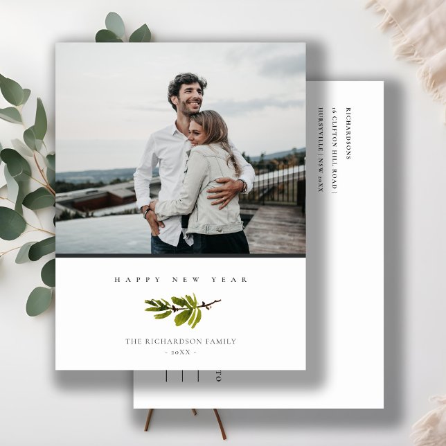 Minimal Pine Branch Christmas Photo Happy New Year Holiday Postcard (Creator Uploaded)