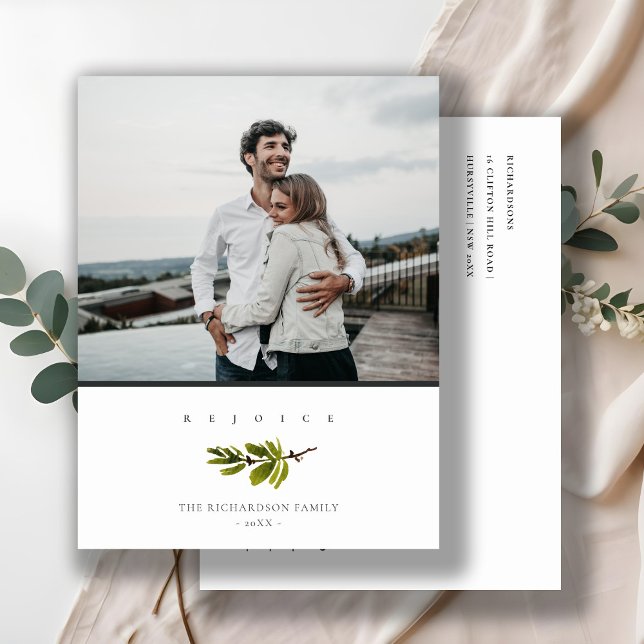 Minimal Pine Branch Christmas Photo Rejoice Holiday Postcard (Creator Uploaded)