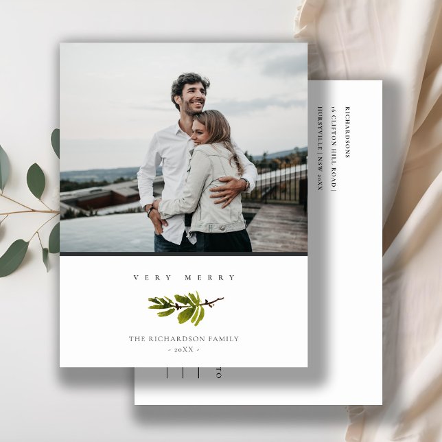 Minimal Pine Branch Christmas Photo Very Merry Holiday Postcard (Creator Uploaded)