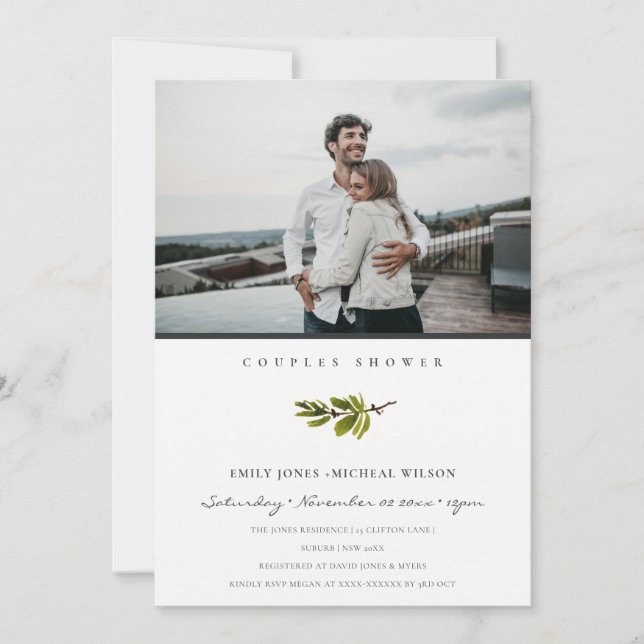 Minimal Pine Branch Photo Couples Shower Invite (Front)