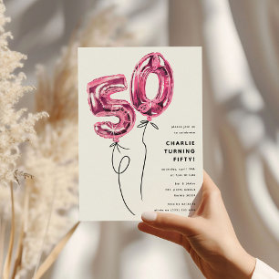 Minimal Pink 50 Balloon 50th Birthday Party Invitation