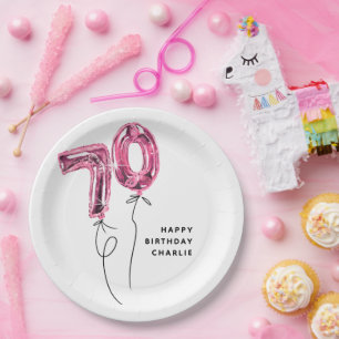 Minimal Pink 70 Balloon 70th Birthday Party Paper Plate