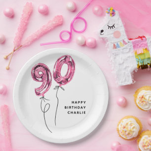 Minimal Pink 90 Balloon 90th Birthday Party Paper Plate