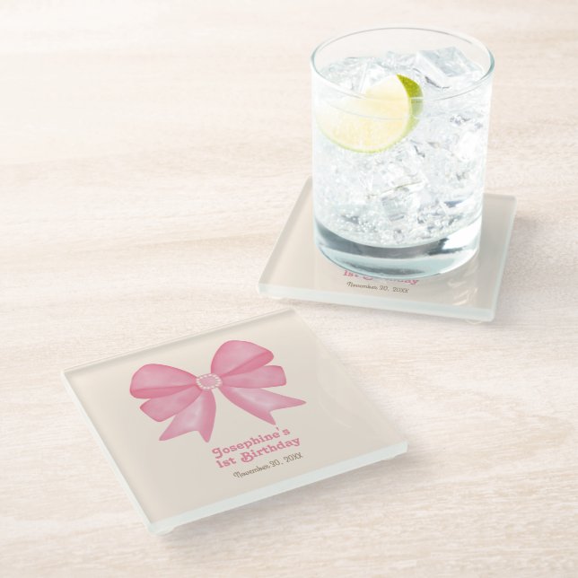 Minimal Pink Bow Sweet Girl Birthday Glass Coaster (Angled)