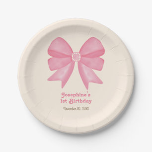 Minimal Pink Bow Sweet Girl Birthday Paper Plate