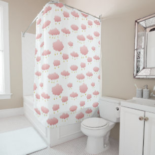 Minimal Pink Clouds Golden Stars Girl's Nursery Shower Curtain