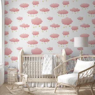 Minimal Pink Clouds Golden Stars Girl's Nursery Wallpaper