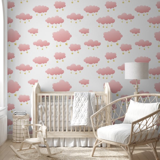 Minimal Pink Clouds Golden Stars Girl's Nursery Wallpaper (Kids)
