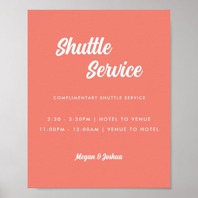 Minimal Pink Coral Wedding Shuttle Service Sign (Front)