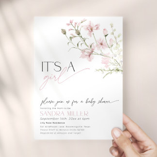 Minimal Pink Floral Baby in Bloom Baby Shower Invitation