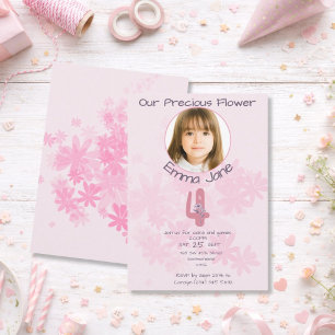 Minimal Pink Floral Photo Girl's 4th Birthday Invitation