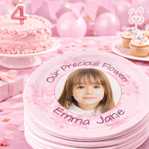 Minimal Pink Floral Photo Girl's 4th Birthday Paper Plate