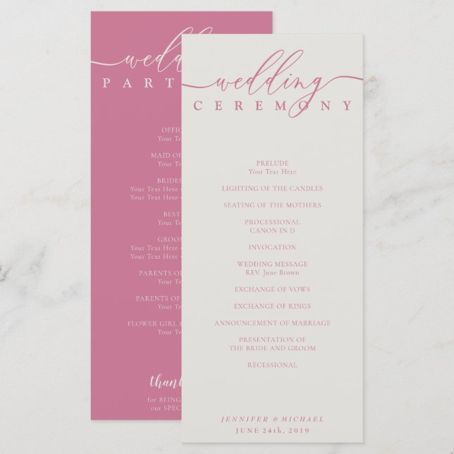Minimal pink ivory Script Wedding Ceremony Program (Front/Back)