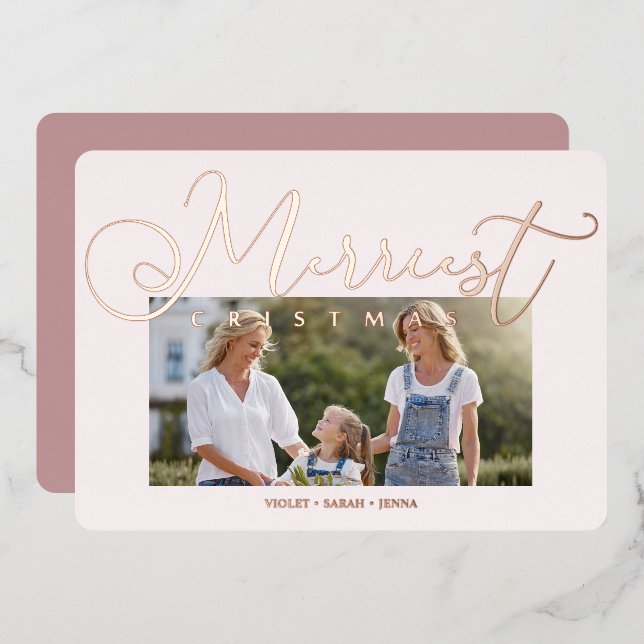 Minimal Pink Photo Merriest Christmas Typography Foil Holiday Card (Front/Back)