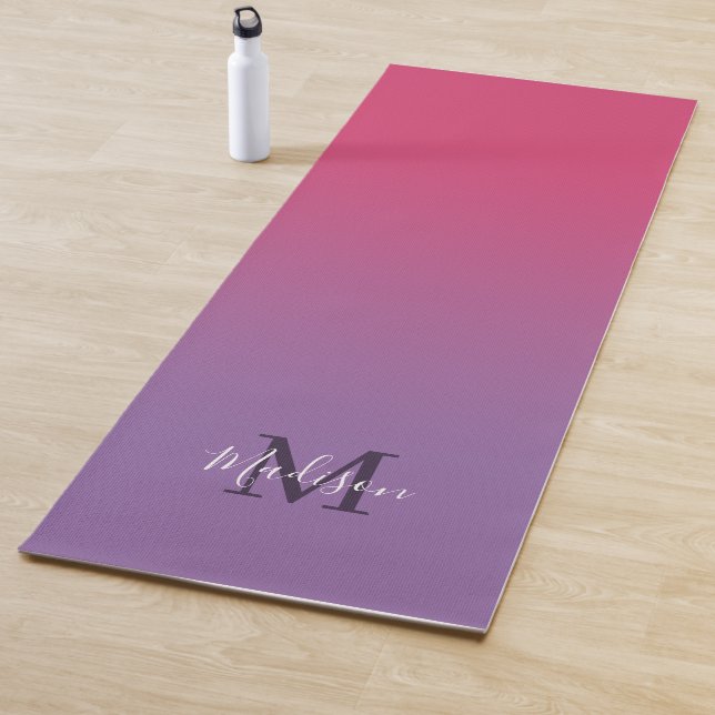 Minimal Pink Purple Gradient Monogram Script Name Yoga Mat (In Situ)