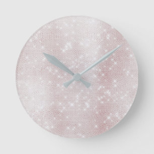 Minimal Pink Rose Abstract Sparkly White Pastel Round Clock