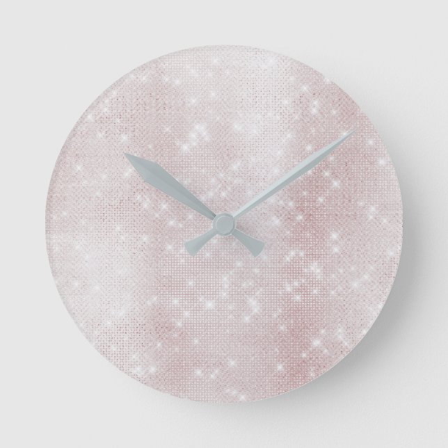 Minimal Pink Rose Abstract Sparkly White Pastel Round Clock (Front)