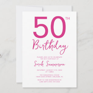 Minimal Pink White Script 50th Birthday Party Invitation