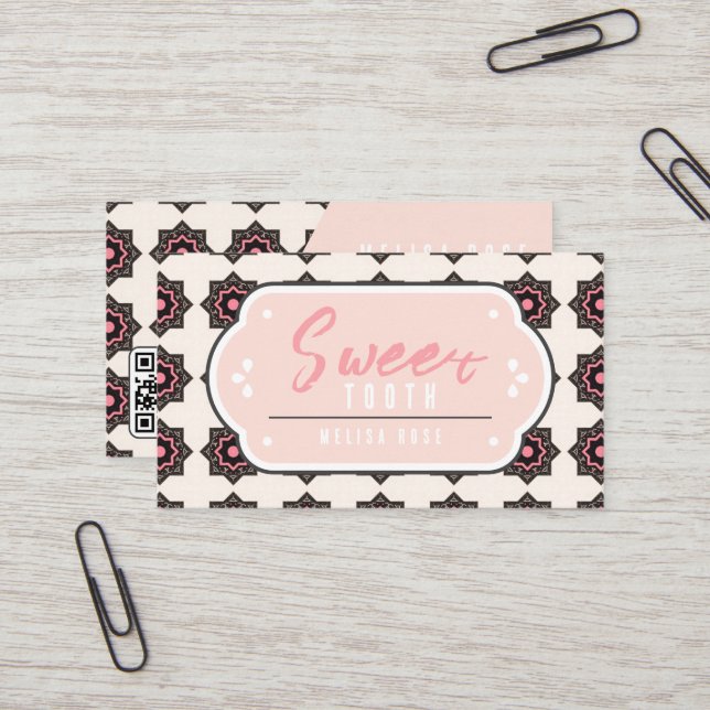 Minimal Pink with Pattern and QR code Business Card (Front/Back In Situ)