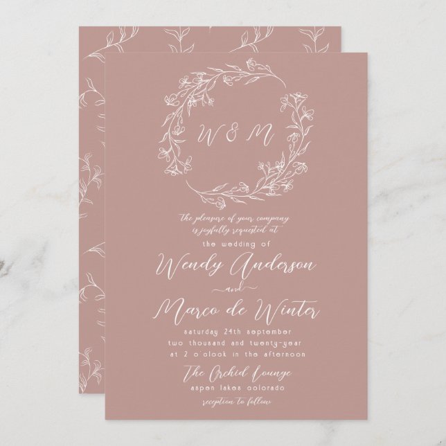 Minimal Pinkish Grey White Boho Botanical Wedding Invitation (Front/Back)