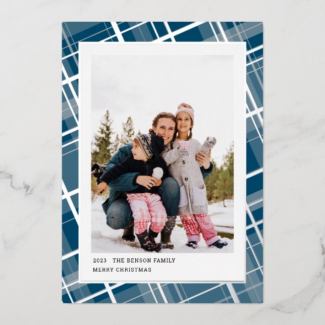 Minimal Plaid One Photo Blue Vertical Real Foil Holiday Card (Front)