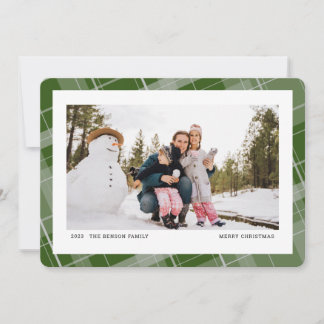 Minimal Plaid One Photo Green Horizontal Holiday Card