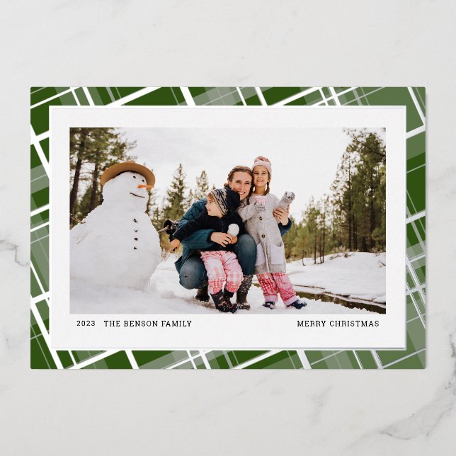 Minimal Plaid One Photo Green Real Foil Holiday Card (Front)